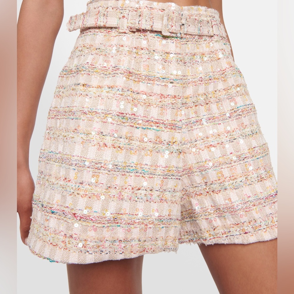 Self-Portrait High Waist Tweed Shorts in Cream with Sequins